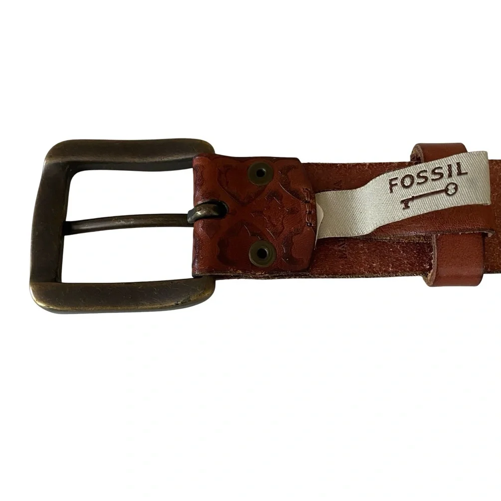 Vintage Fossil Embossed Leather Belt Brown Size L